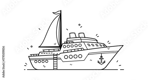 Simple black and white doodle drawing of a cruise ship with a sail and an anchor.