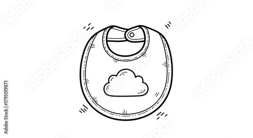 An illustration of a baby's bib with a cloud design, ideal for childcare and parenting themes, rendered in line art style.