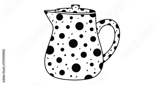 Doodle illustration of a polka dot patterned pitcher, jug, creamer, or teapot with lid isolated on a white background.