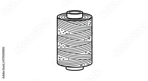 Detailed black and white line drawing of a full spool of thread, showcasing its neatly wound texture, essential for various sewing and crafting projects.