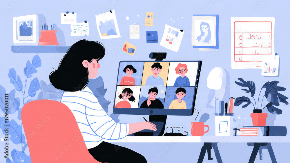 Obraz premium Stylized home office illustration of a woman participating in a virtual team meeting. Warm colors, plants, and wall art create a cozy, creative remote-work atmosphere.