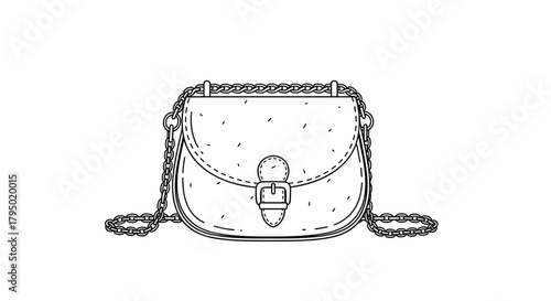 A detailed line art drawing of a stylish women's crossbody bag with a chain strap and a buckle closure, perfect for fashion and accessory concepts.