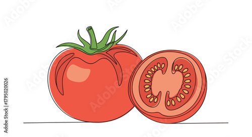 A colorful illustration of a ripe tomato and a halved tomato with seeds, rendered in a continuous line style for a modern aesthetic.
