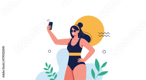 Woman in a swimsuit taking a selfie on a sunny day near some plants and a yellow sun-like design element.
