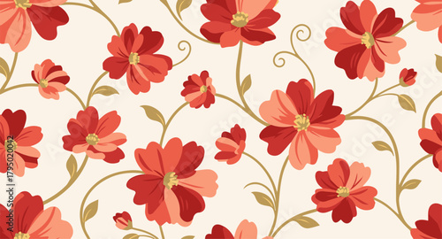 Elegant seamless pattern with red and peach flowers, golden stems and soft botanical curves creating a warm decorative floral background illustration