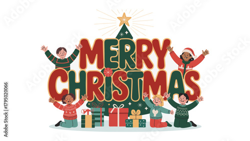 Festive Greetings: Merry Christmas Celebration: a vibrant depiction of a holiday, showcasing the joy and festivity of the season, accompanied by excited children, colorful decorations, and gifts.