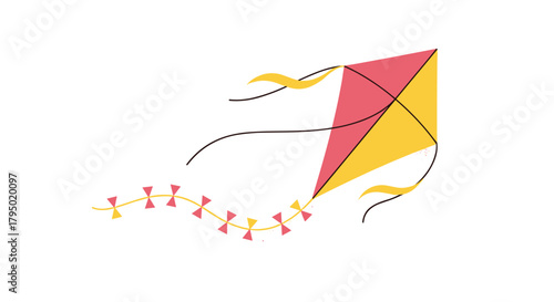 A vibrant, cheerful illustration of a colorful kite against a bright white background.
