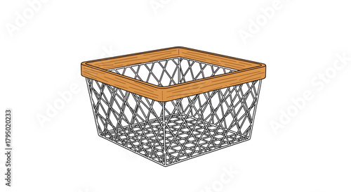 Square wire basket with a wooden rim on a white background.