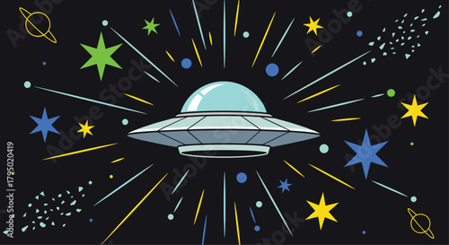 A retro-style flying saucer UFO hovers in a starry, colorful space scene with comets.