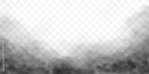 Black smoke fog on white transparent background. Dark ominous cloud texture.