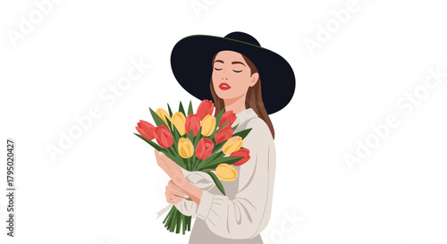 Young woman in a wide-brimmed hat holding a bouquet of red and yellow tulips.