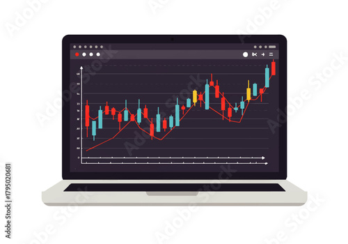 Laptop displaying a candlestick chart with red and blue bars, indicating market trends and financial data analysis.