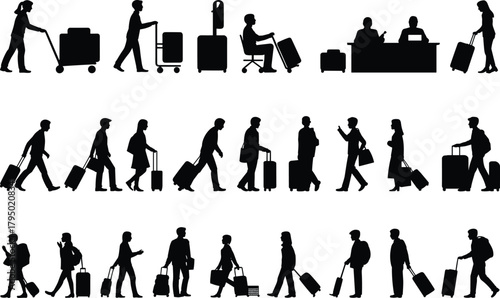 Traveler silhouette, airport scene, black graphic, vector illustration, luggage movement, walking pose, transit gesture, travel icon, transportation hub, journeyTraveler silhouette, 