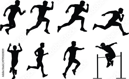 Athlete silhouette, running pose, jumping motion, black graphic, vector illustration, sprint phase, sports movement, track icon, fitness gesture, actionAthlete silhouette, running pose,