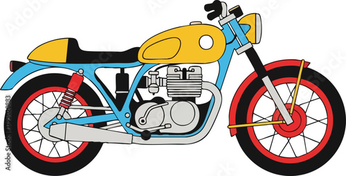 Classic Motorcycle with Yellow Tank and Blue Frame on White Background