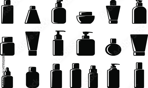 Cosmetic container silhouette, black graphic, vector illustration, pump bottle, squeeze tube, dropper jar, toiletry icon, packaging design, beauty productCosmetic container silhouette,