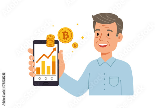 A smiling older man holds a smartphone displaying a rising bar graph, with Bitcoin coins floating around the screen, symbolizing financial growth.