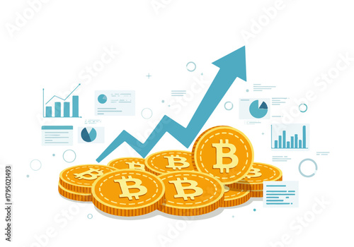 Illustration of Bitcoin coins stacked with an upward trending arrow and various financial charts in the background, representing growth and investment.