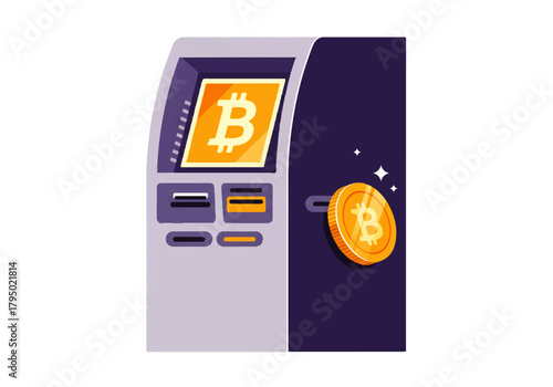 Illustration of a Bitcoin ATM with a golden coin emerging, symbolizing cryptocurrency transactions and digital finance.