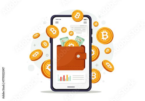Digital wallet on a smartphone with bitcoin coins and cash flowing out, showing financial growth charts.