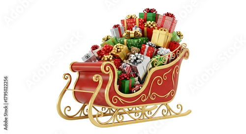 Festive red and gold sleigh overflowing with colorful christmas presents isolated on transparent background