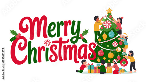 Holiday Gathering: Children adorn a Christmas tree in a scene of festive cheer, underscored by the seasonal greetings, exuding warmth and the spirit of togetherness.