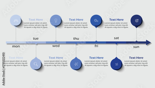 Circular or pin timeline weekly infographic template or element with 7 day, step, process, option, colorful rectangle, bar, column, arrow, tag