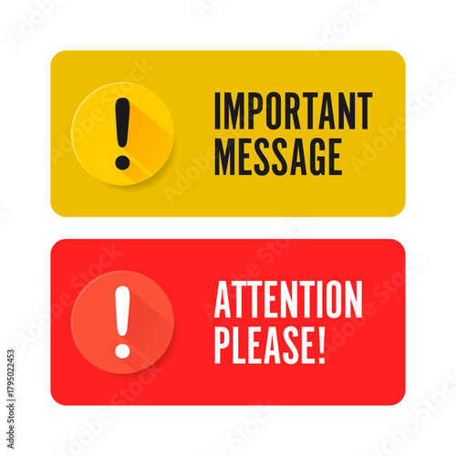 Vector alert banners with exclamation icons and bold attention messages in bright warning colors.