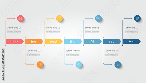 Circular or pin timeline weekly infographic template or element with 7 day, step, process, option, colorful rectangle, bar, column, arrow, tag