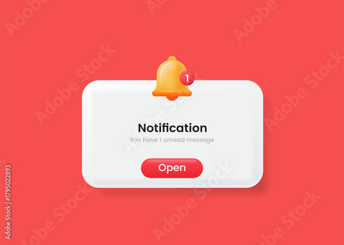 Vector notification pop-up with a bell alert icon and an open button in a clean modern style.