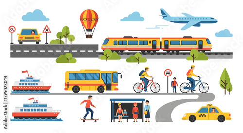 Diverse Transportation Methods: Car, Train, Bus, Boat, Airplane, and More