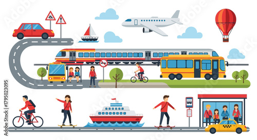 Diverse Transportation Methods Depicted in Colorful, Flat Vector Illustration