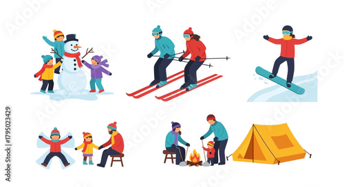 Diverse Winter Activities Featuring Families and Snowman Building