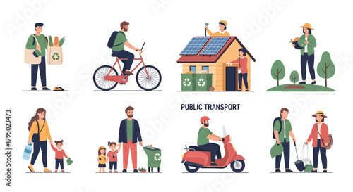 Eco-friendly lifestyle flat vector illustrations: people recycling, biking, gardening, and green transport