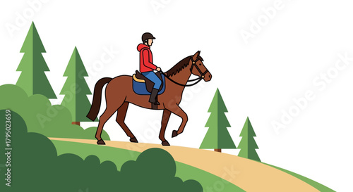 Equestrian rider on a brown horse with blue saddle traversing a path