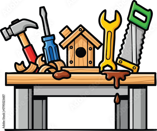 Cartoon Illustration of Woodworking Tools and Birdhouse on Workbench With Wood Shavings and Drips