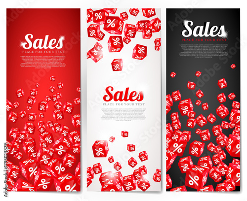 A vector set of flyers for promoting discounts and sales. Vertical discount flyers featuring multiple red cubes with a percentage sign.
