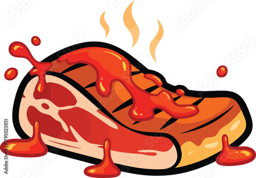 Grilled Steak with Tomato Sauce and Steam in Pixel Art Style