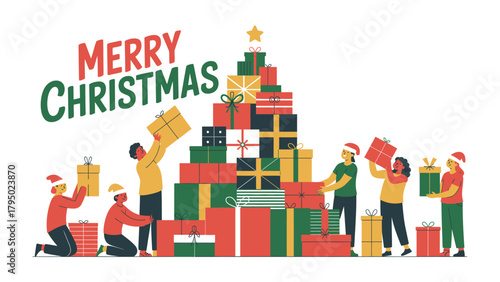 Christmas Cheer and Gift-Giving: Illustrative scene of people celebrating the holiday spirit, gathered around a pile of presents and decorating gifts. Capturing the joy of the season.