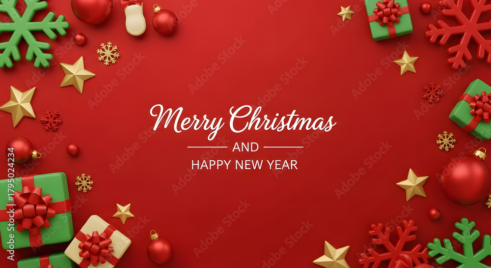 Naklejka premium Merry Christmas and Happy New Year Flat Lay with 3D Gifts Stars Snowflakes and Ornaments on a Vibrant Red Background