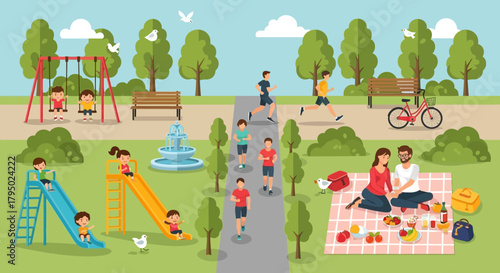 Flat design illustration of a vibrant park scene with diverse people enjoying leisure activities