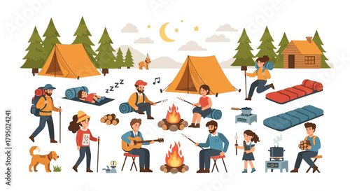 Flat design illustration of diverse cartoon campers enjoying outdoor activities: roasting marshmallows, playing guitar, sleeping, and hiking.