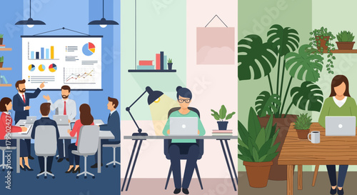 Flat design illustration of diverse modern work environments: team meeting, remote work, and green office