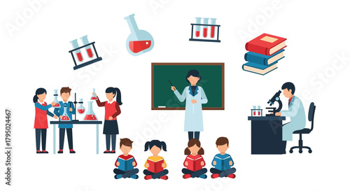 Flat design science education vector illustration featuring students, teacher, and laboratory research activities.
