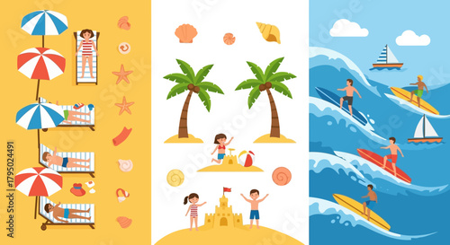Flat Design Summer Beach Vacation Activities Illustration Set with Sunbathers, Surfers, and Sandcastles