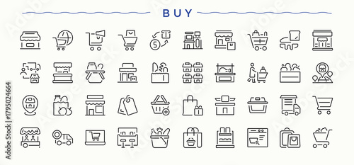 Buy vector line icon set. Icons for UI design. It contains symbols to supermarket, retail, store, purchase, commerce, cart. Pictogram and infographic. Supermarket icon set.