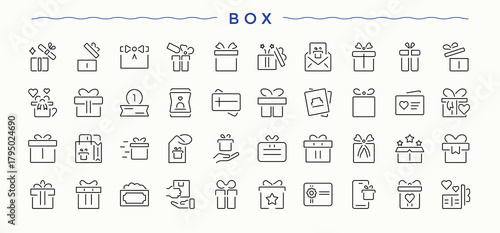 Box icon set. Minimalist editable vector stroke. Editable stroke collections. Packaging icon set. Contain linear symbols parcel, packaging, celebration, package, surprise and more.