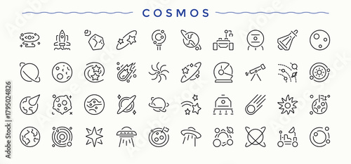 Cosmos related icon set. Contains such symbols as asteroid, universe, planet, astronomy and more. Space icon set. Thin UI icons. Editable stroke vector art.