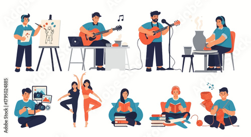Flat vector illustration of diverse people enjoying creative hobbies: painting, music, pottery, photography, dance, reading, knitting