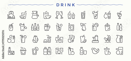 Drink And Juice linear icon set. Juice minimalist icons collection. Line icons with editable stroke. Alcohol vector icon set. Vector illustration.